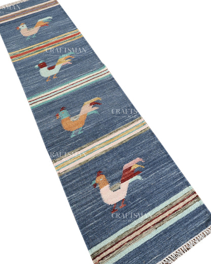 Handwoven Blue Wool Flatweave Dhurrie Runner Rug | Handmade Kilim Hallway Runner with Colorful Rooster Folk Art Motif | Farmhouse Rustic Boho Entryway Kitchen Carpet