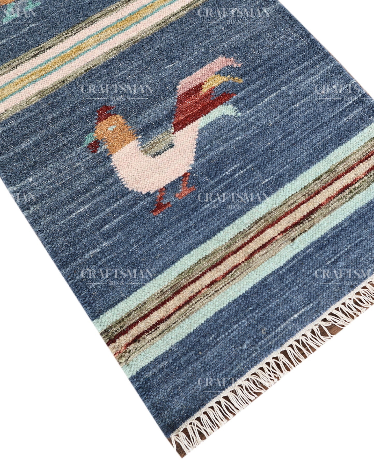 Handwoven Blue Wool Flatweave Dhurrie Runner Rug | Handmade Kilim Hallway Runner with Colorful Rooster Folk Art Motif | Farmhouse Rustic Boho Entryway Kitchen Carpet
