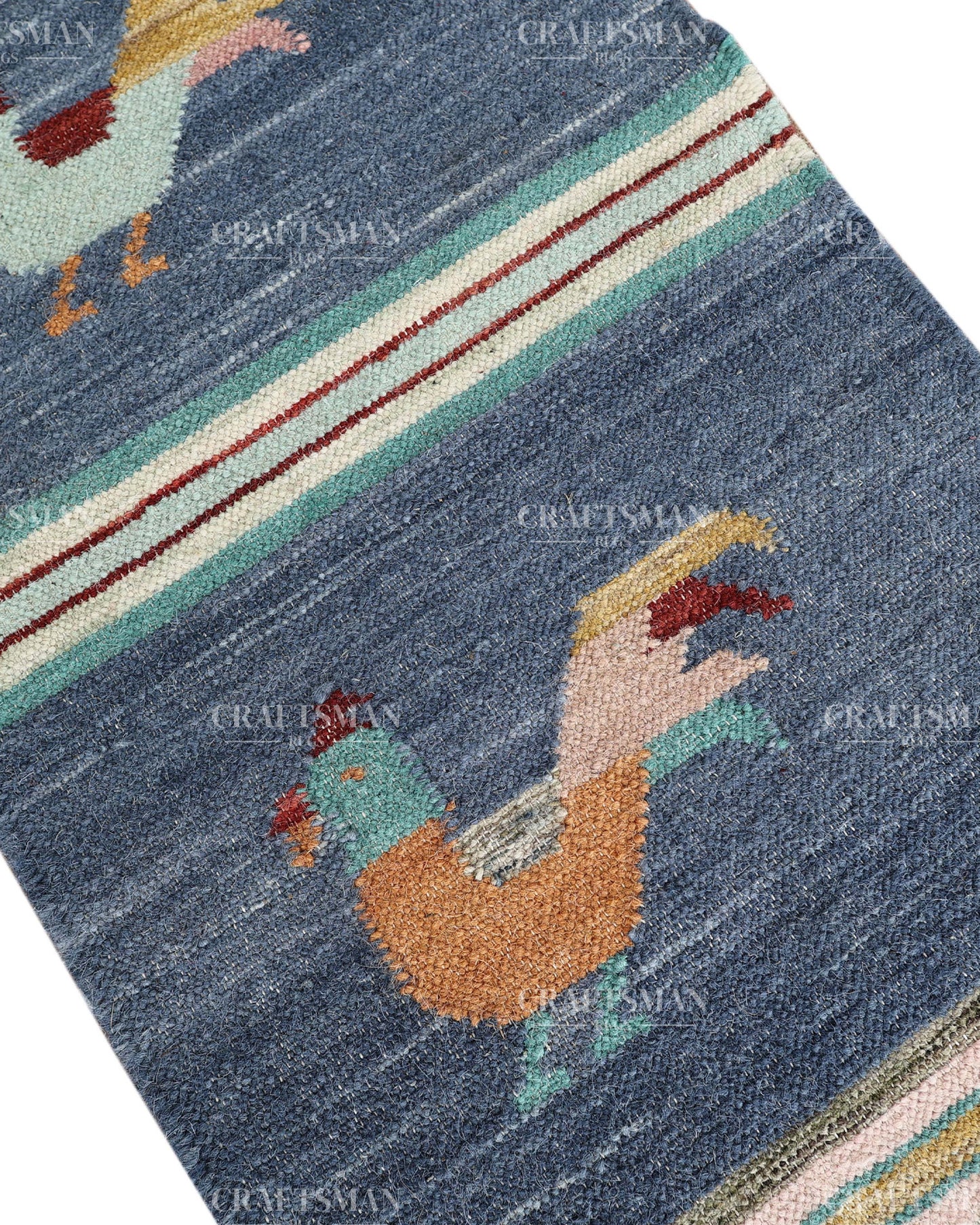 Handwoven Blue Wool Flatweave Dhurrie Runner Rug | Handmade Kilim Hallway Runner with Colorful Rooster Folk Art Motif | Farmhouse Rustic Boho Entryway Kitchen Carpet