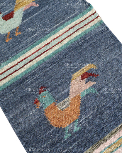 Handwoven Blue Wool Flatweave Dhurrie Runner Rug | Handmade Kilim Hallway Runner with Colorful Rooster Folk Art Motif | Farmhouse Rustic Boho Entryway Kitchen Carpet
