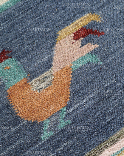 Handwoven Blue Wool Flatweave Dhurrie Runner Rug | Handmade Kilim Hallway Runner with Colorful Rooster Folk Art Motif | Farmhouse Rustic Boho Entryway Kitchen Carpet