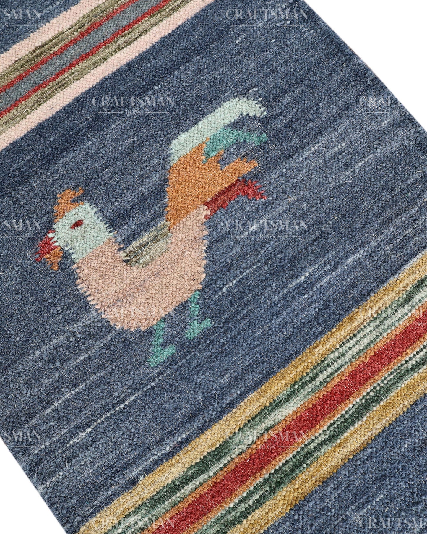 Handwoven Blue Wool Flatweave Dhurrie Runner Rug | Handmade Kilim Hallway Runner with Colorful Rooster Folk Art Motif | Farmhouse Rustic Boho Entryway Kitchen Carpet