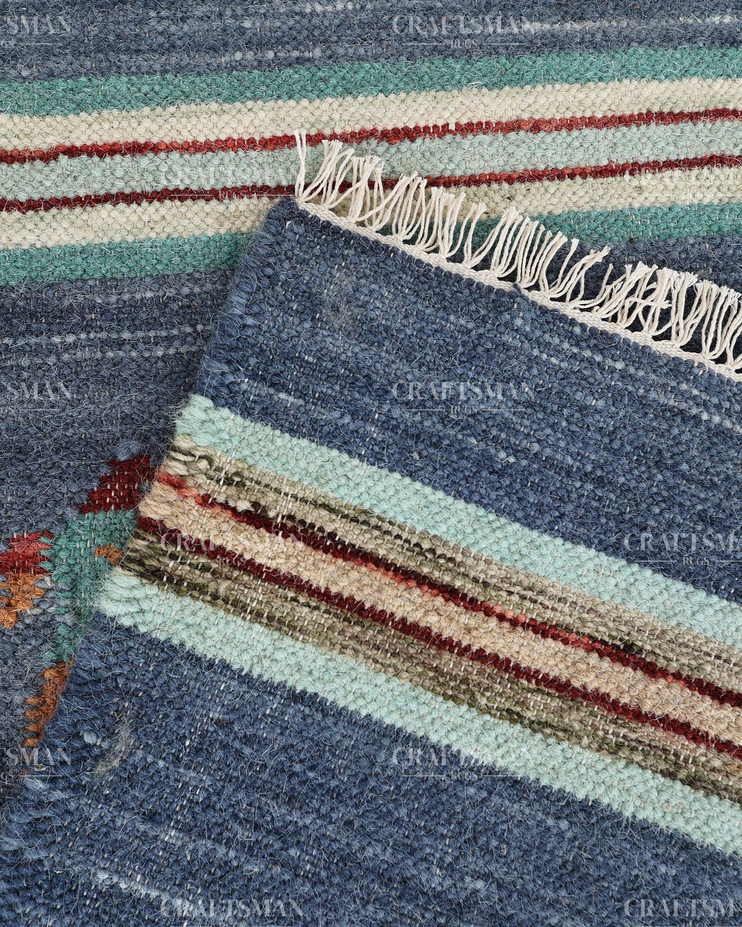 Handwoven Blue Wool Flatweave Dhurrie Runner Rug | Handmade Kilim Hallway Runner with Colorful Rooster Folk Art Motif | Farmhouse Rustic Boho Entryway Kitchen Carpet