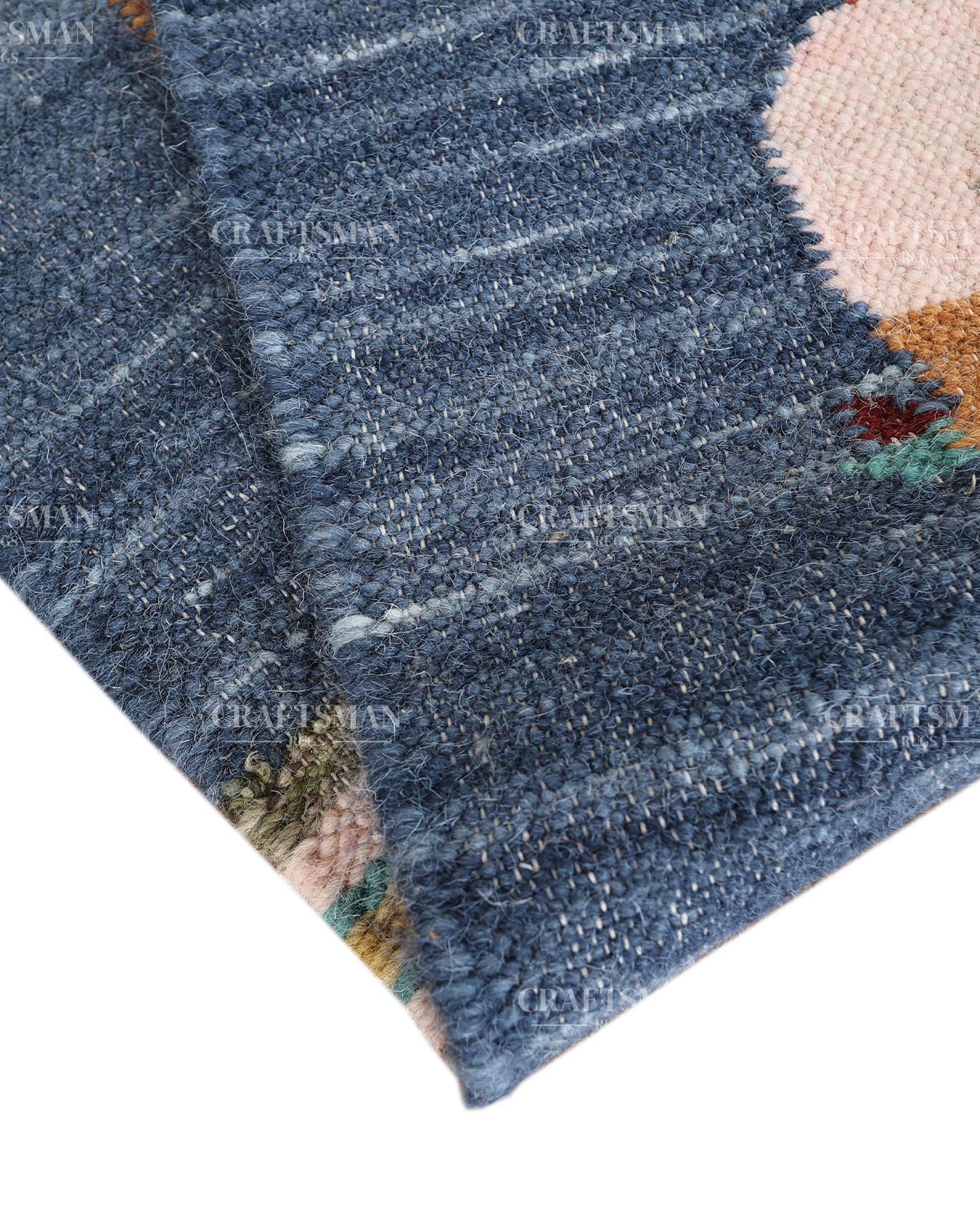 Handwoven Blue Wool Flatweave Dhurrie Runner Rug | Handmade Kilim Hallway Runner with Colorful Rooster Folk Art Motif | Farmhouse Rustic Boho Entryway Kitchen Carpet