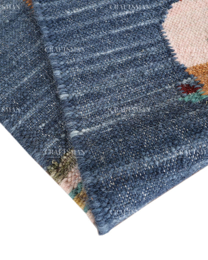Handwoven Blue Wool Flatweave Dhurrie Runner Rug | Handmade Kilim Hallway Runner with Colorful Rooster Folk Art Motif | Farmhouse Rustic Boho Entryway Kitchen Carpet