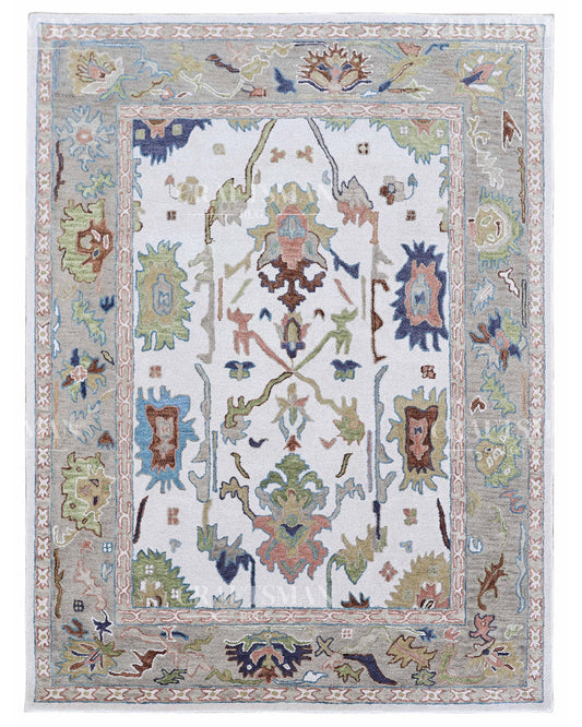 Oushak Inspired Hand Tufted Wool Rug – Ivory & Sage Blue Floral Design