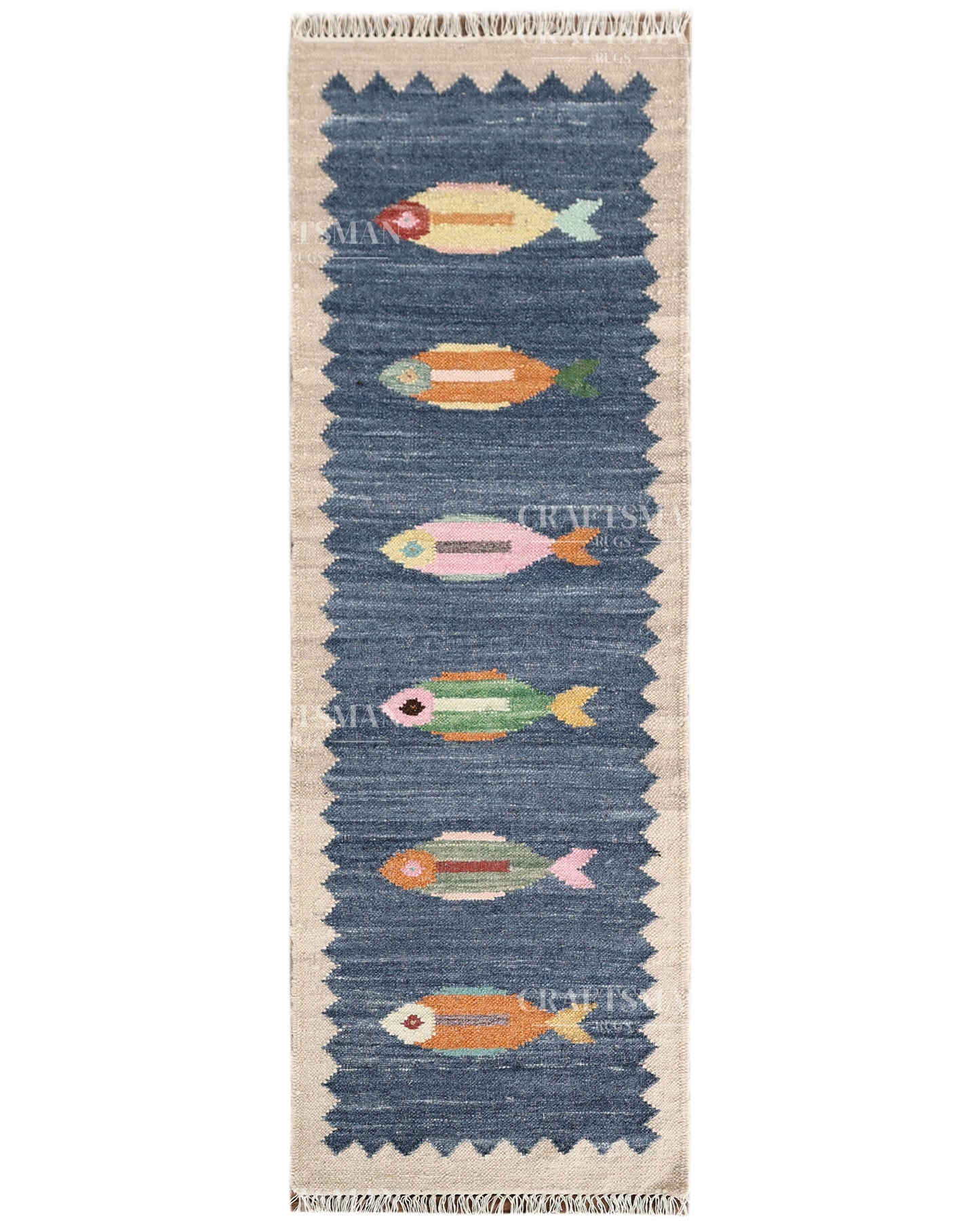 Handwoven Blue Flatweave Dhurrie Runner Rug | Handmade Wool Kilim Runner with Colorful Fish Motif | Coastal Farmhouse Boho Hallway Entryway Kitchen Carpet