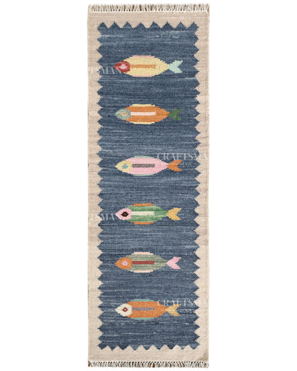 Handwoven Blue Flatweave Dhurrie Runner Rug | Handmade Wool Kilim Runner with Colorful Fish Motif | Coastal Farmhouse Boho Hallway Entryway Kitchen Carpet