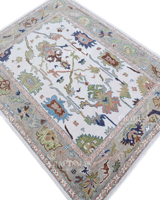 Oushak Inspired Hand Tufted Wool Rug – Ivory & Sage Blue Floral Design