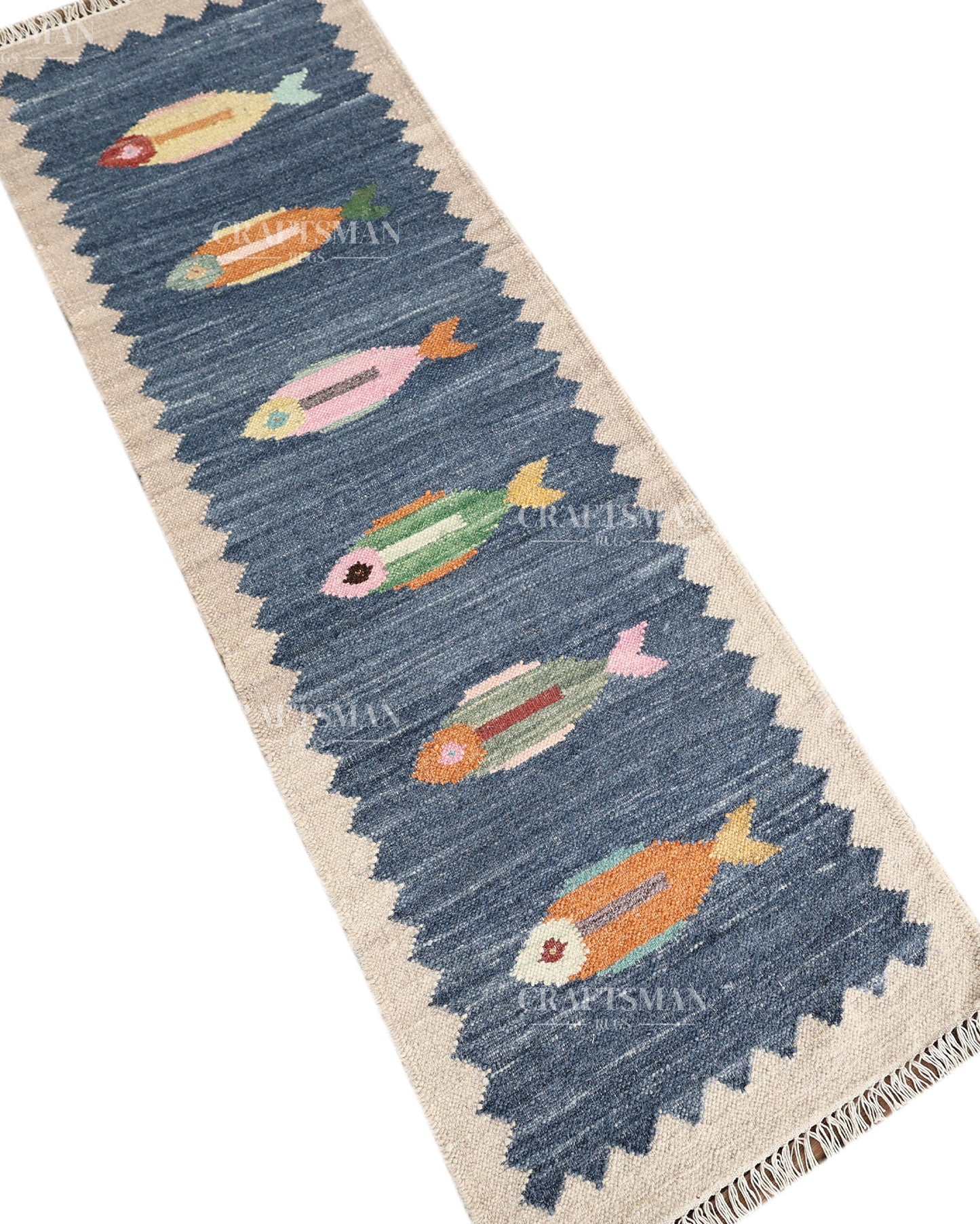 Handwoven Blue Flatweave Dhurrie Runner Rug | Handmade Wool Kilim Runner with Colorful Fish Motif | Coastal Farmhouse Boho Hallway Entryway Kitchen Carpet