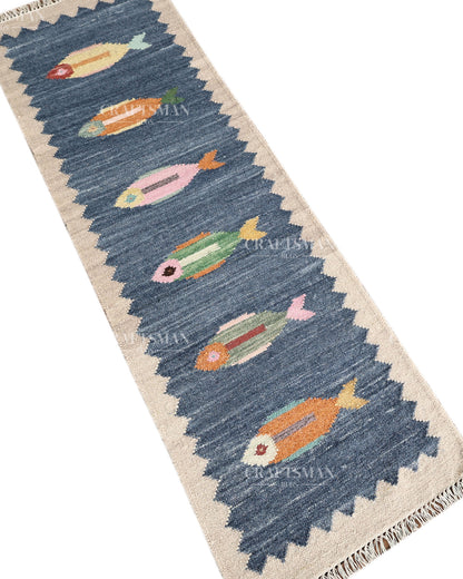 Handwoven Blue Flatweave Dhurrie Runner Rug | Handmade Wool Kilim Runner with Colorful Fish Motif | Coastal Farmhouse Boho Hallway Entryway Kitchen Carpet