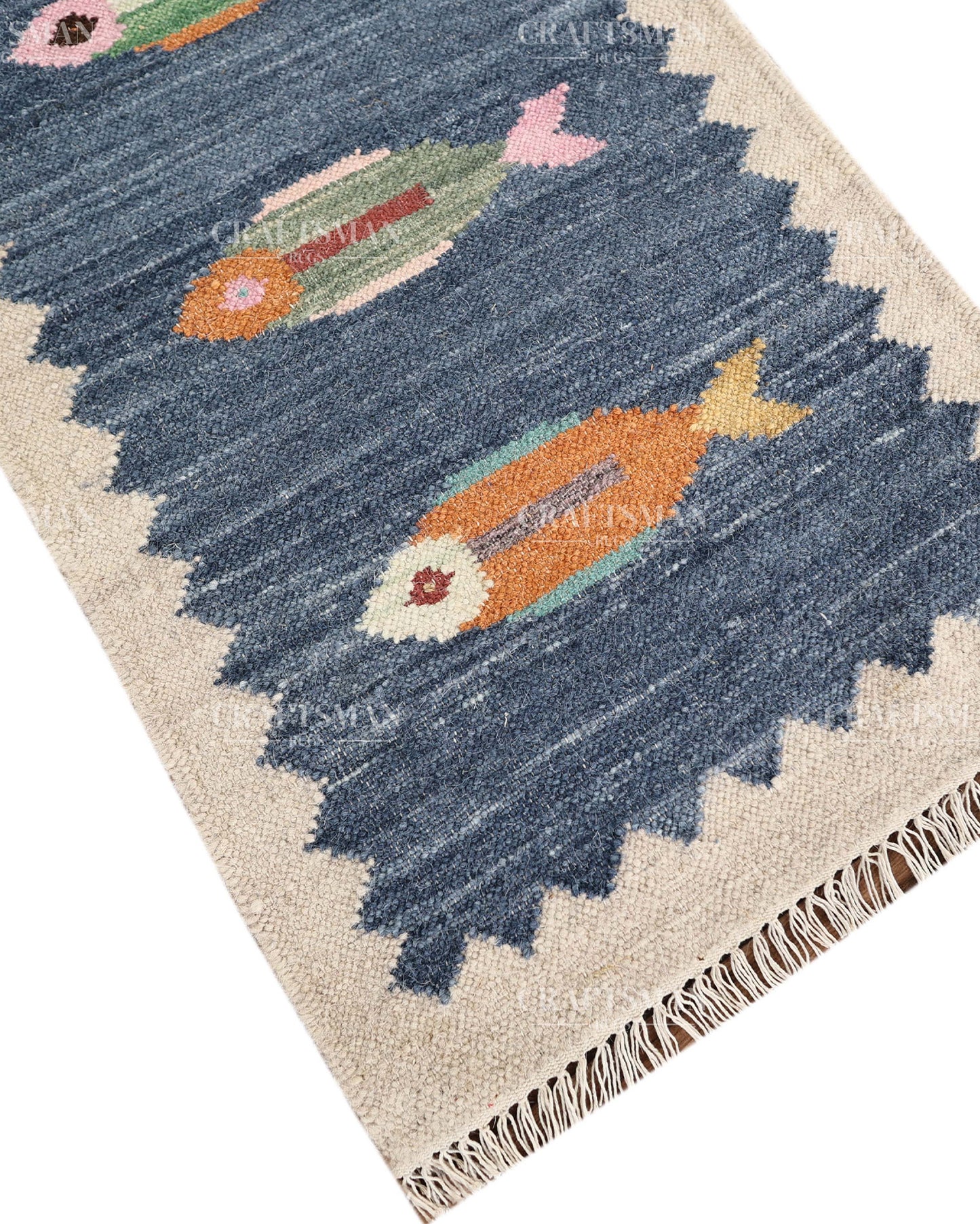 Handwoven Blue Flatweave Dhurrie Runner Rug | Handmade Wool Kilim Runner with Colorful Fish Motif | Coastal Farmhouse Boho Hallway Entryway Kitchen Carpet