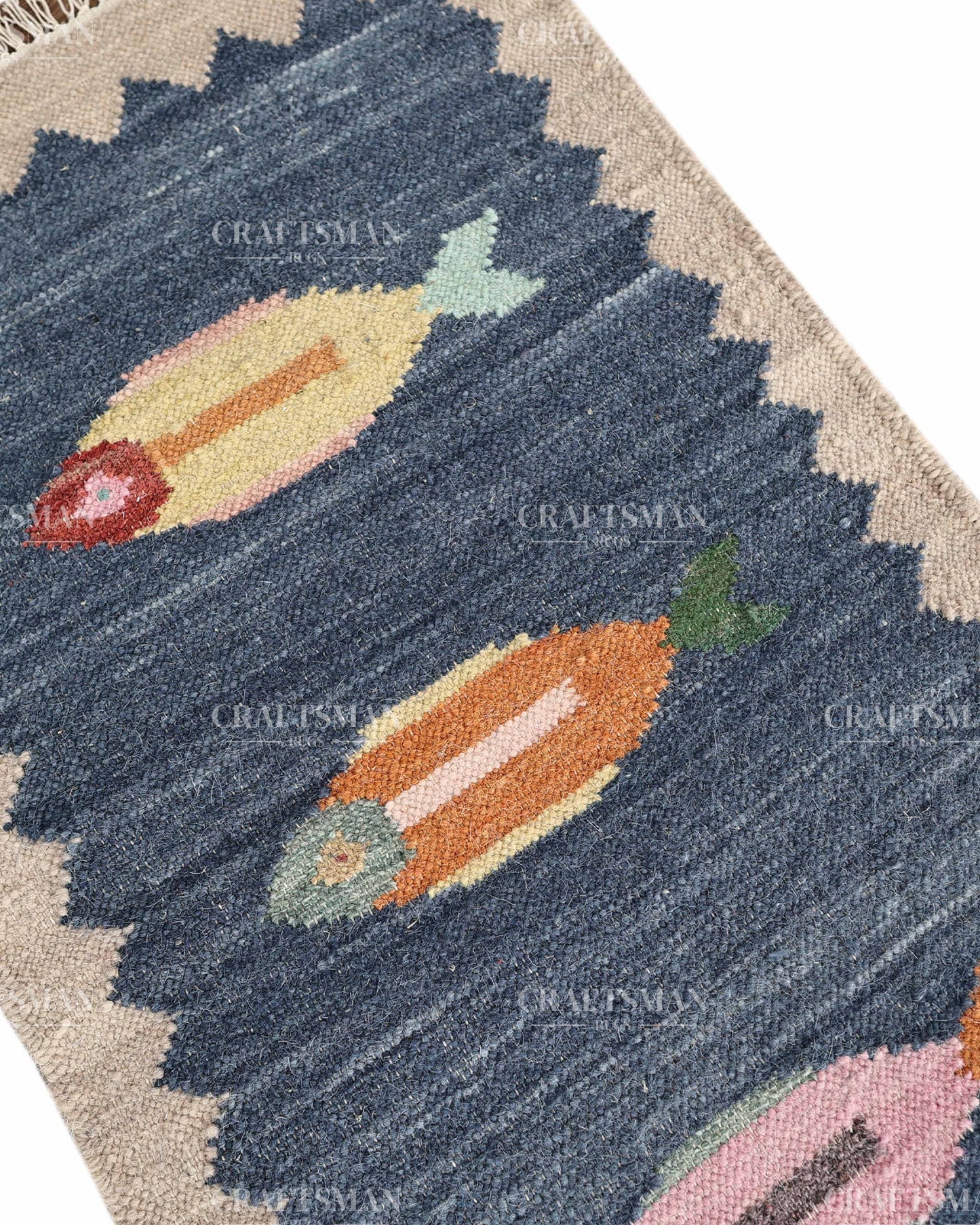 Handwoven Blue Flatweave Dhurrie Runner Rug | Handmade Wool Kilim Runner with Colorful Fish Motif | Coastal Farmhouse Boho Hallway Entryway Kitchen Carpet