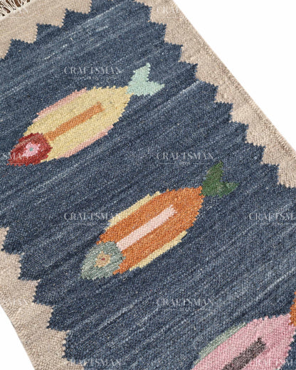 Handwoven Blue Flatweave Dhurrie Runner Rug | Handmade Wool Kilim Runner with Colorful Fish Motif | Coastal Farmhouse Boho Hallway Entryway Kitchen Carpet