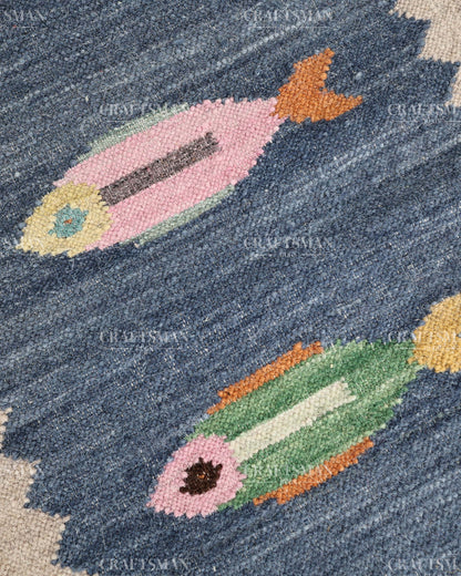 Handwoven Blue Flatweave Dhurrie Runner Rug | Handmade Wool Kilim Runner with Colorful Fish Motif | Coastal Farmhouse Boho Hallway Entryway Kitchen Carpet