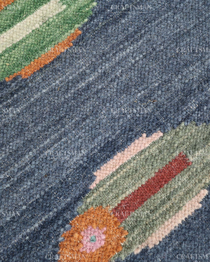 Handwoven Blue Flatweave Dhurrie Runner Rug | Handmade Wool Kilim Runner with Colorful Fish Motif | Coastal Farmhouse Boho Hallway Entryway Kitchen Carpet