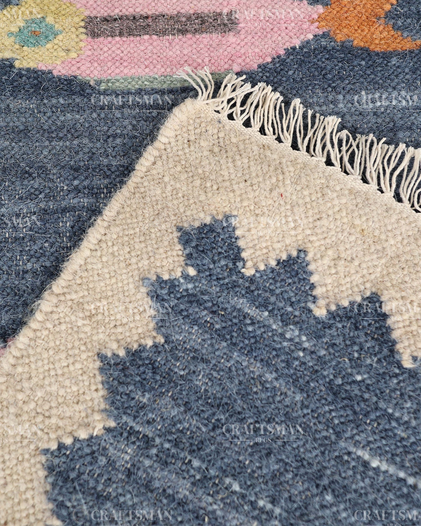 Handwoven Blue Flatweave Dhurrie Runner Rug | Handmade Wool Kilim Runner with Colorful Fish Motif | Coastal Farmhouse Boho Hallway Entryway Kitchen Carpet