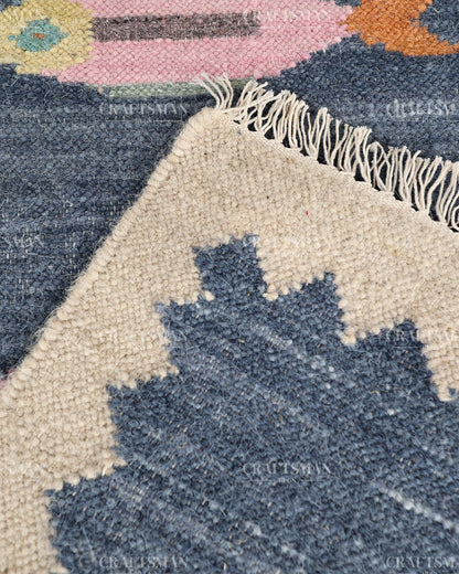 Handwoven Blue Flatweave Dhurrie Runner Rug | Handmade Wool Kilim Runner with Colorful Fish Motif | Coastal Farmhouse Boho Hallway Entryway Kitchen Carpet