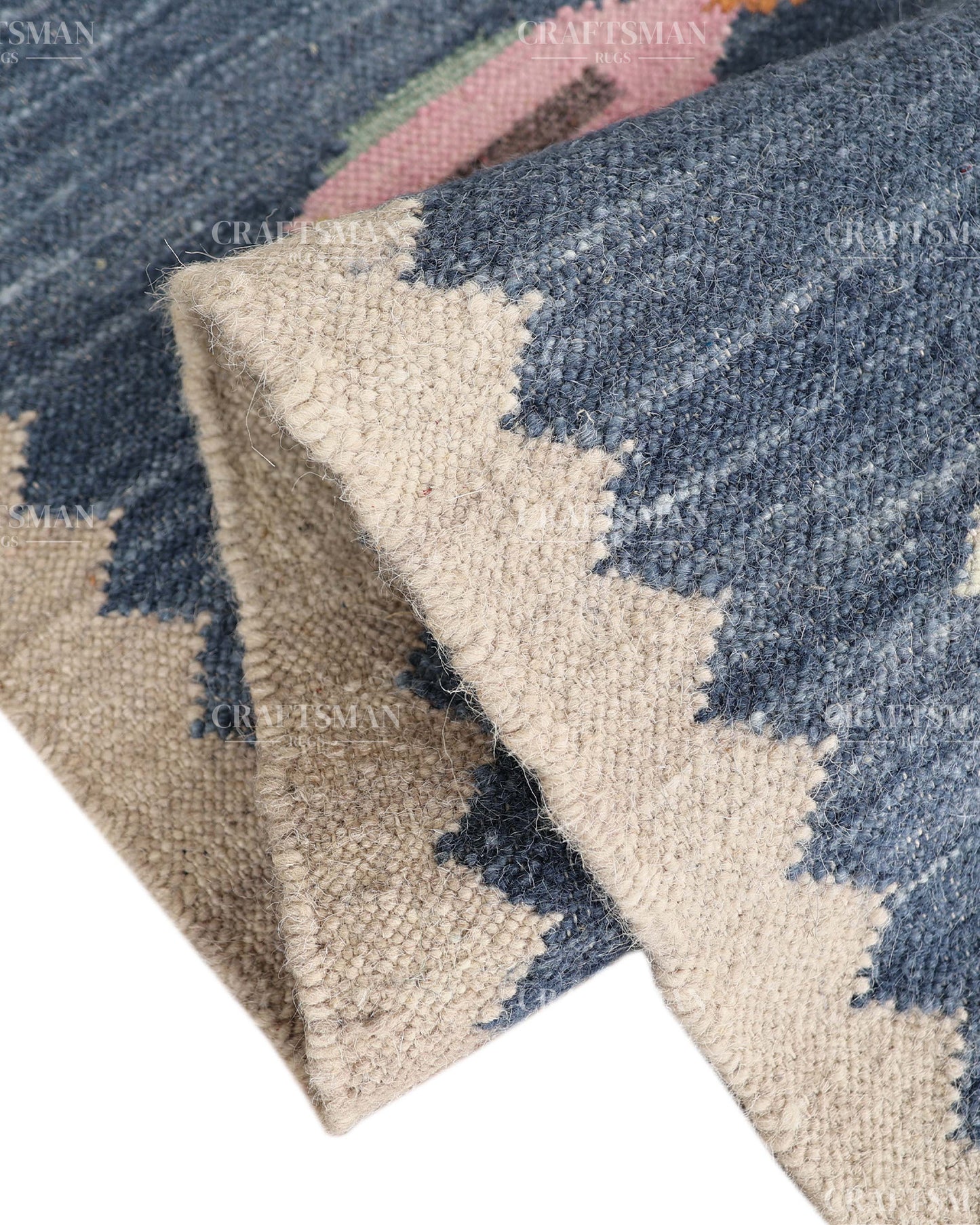 Handwoven Blue Flatweave Dhurrie Runner Rug | Handmade Wool Kilim Runner with Colorful Fish Motif | Coastal Farmhouse Boho Hallway Entryway Kitchen Carpet