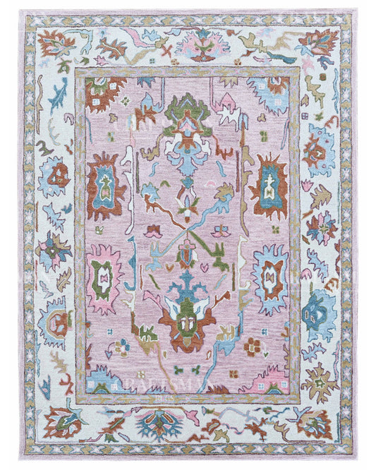 Pastel Oushak Inspired Hand Tufted Wool Rug – Blush Pink Floral Design