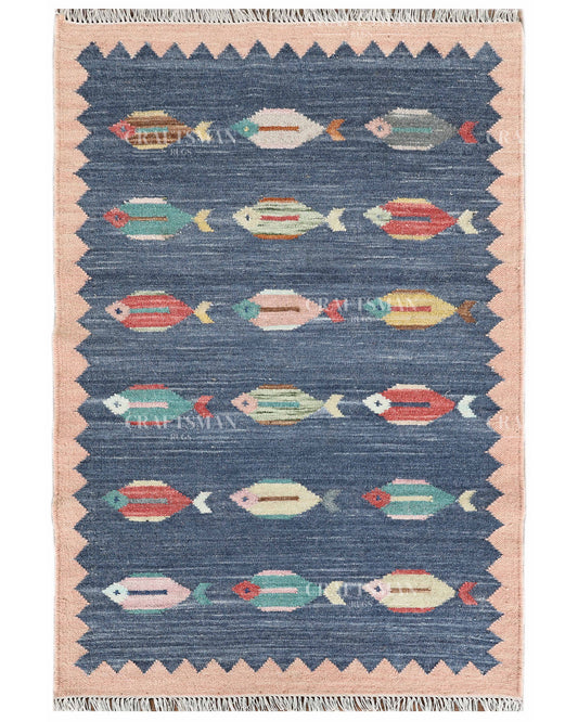 Handmade Fish Dhurrie Rug 4x6 Ft | Navy Blue Flatweave Cotton Rug | Coastal Ocean Area Rug | Handwoven Boho Accent Rug
