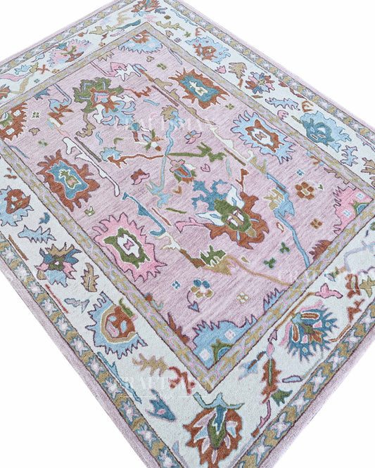 Pastel Oushak Inspired Hand Tufted Wool Rug – Blush Pink Floral Design