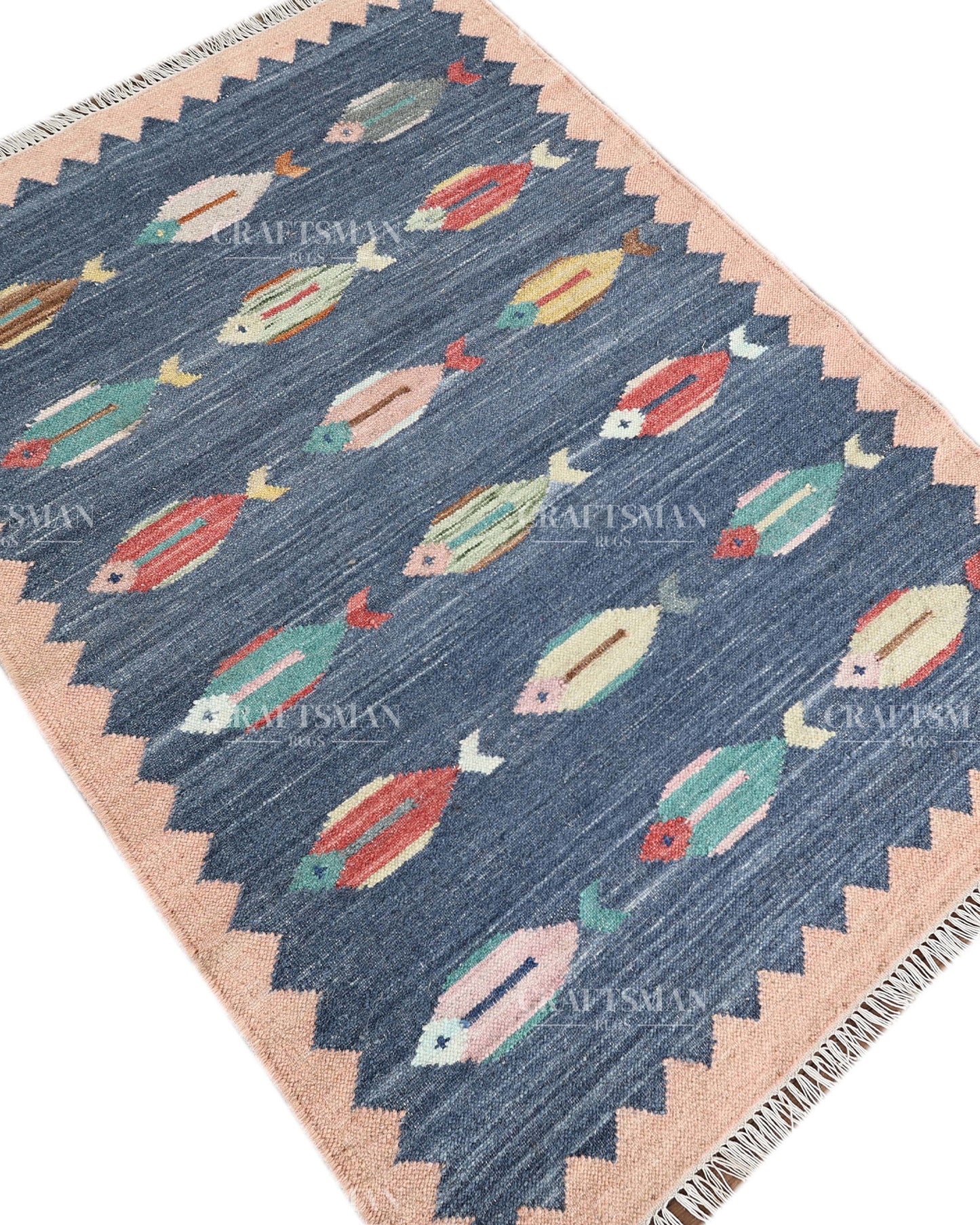 Handwoven Blue Flatweave Dhurrie Area Rug | Handmade Wool Kilim Rug with Colorful Fish Motif | Coastal Farmhouse Boho Living Room Bedroom Entryway Carpet