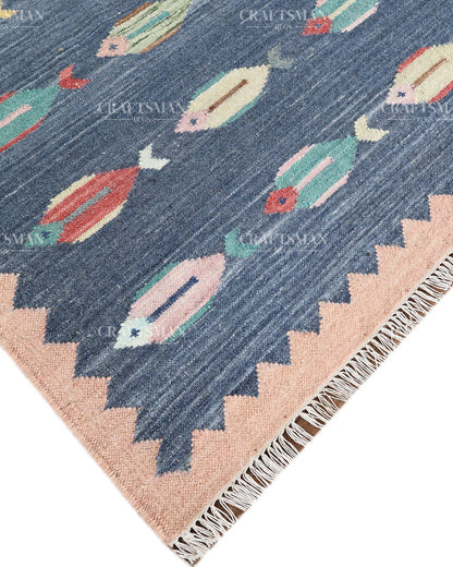 Handwoven Blue Flatweave Dhurrie Area Rug | Handmade Wool Kilim Rug with Colorful Fish Motif | Coastal Farmhouse Boho Living Room Bedroom Entryway Carpet
