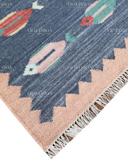 Handwoven Blue Flatweave Dhurrie Area Rug | Handmade Wool Kilim Rug with Colorful Fish Motif | Coastal Farmhouse Boho Living Room Bedroom Entryway Carpet