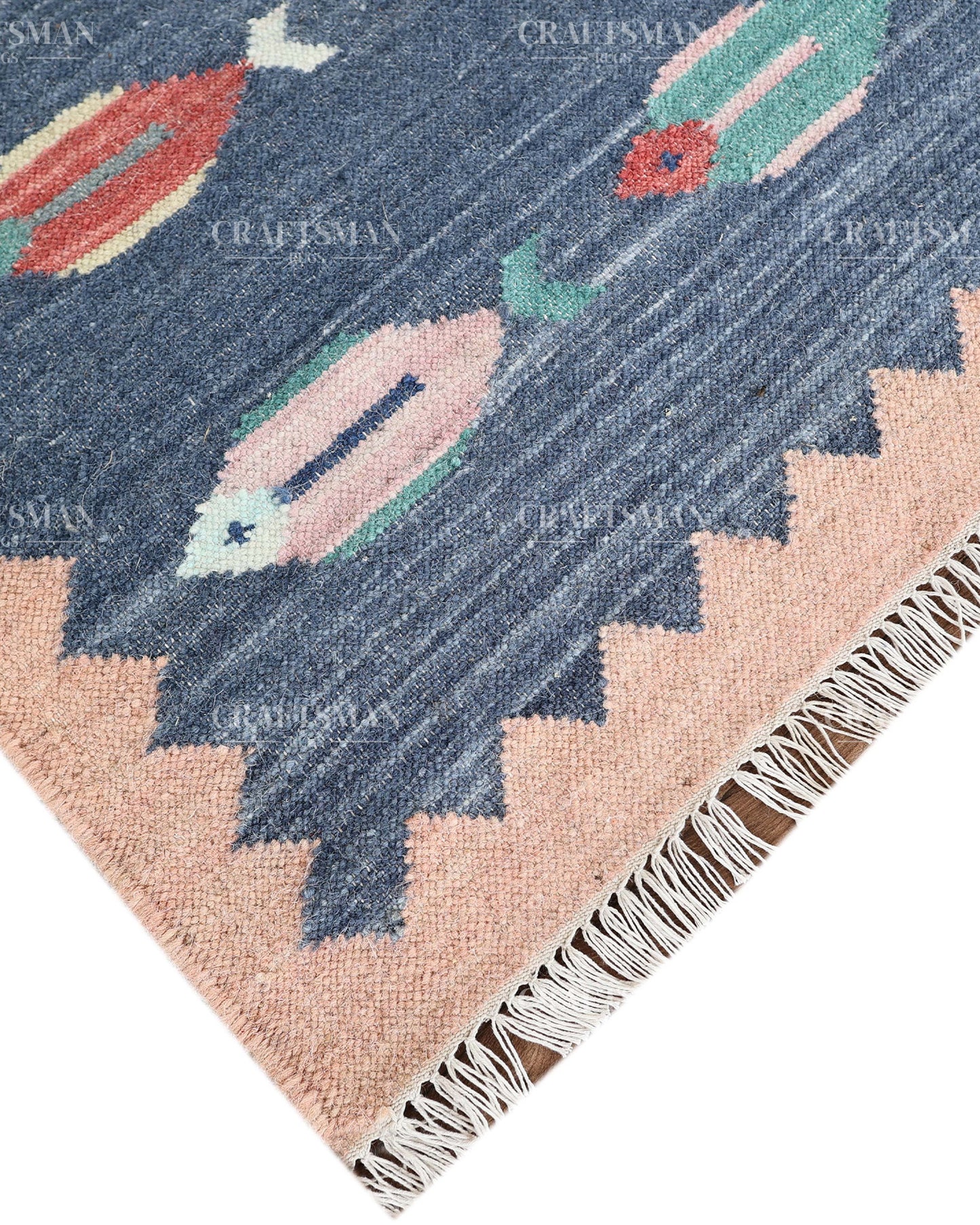 Handmade Fish Dhurrie Rug 4x6 Ft | Navy Blue Flatweave Cotton Rug | Coastal Ocean Area Rug | Handwoven Boho Accent Rug