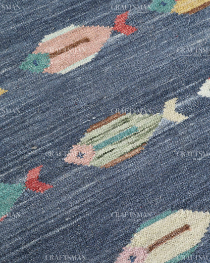 Handmade Fish Dhurrie Rug 4x6 Ft | Navy Blue Flatweave Cotton Rug | Coastal Ocean Area Rug | Handwoven Boho Accent Rug