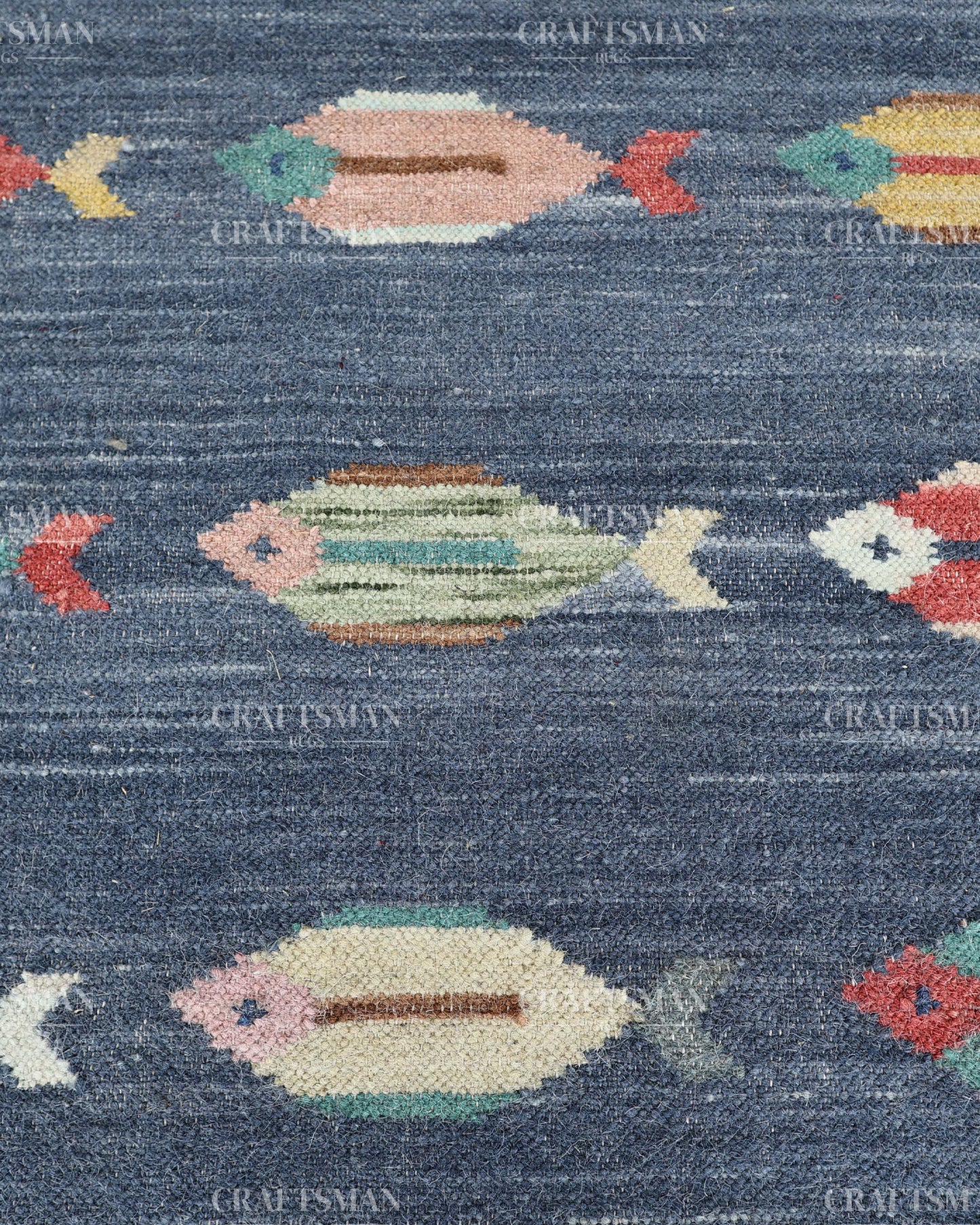 Handwoven Blue Flatweave Dhurrie Area Rug | Handmade Wool Kilim Rug with Colorful Fish Motif | Coastal Farmhouse Boho Living Room Bedroom Entryway Carpet