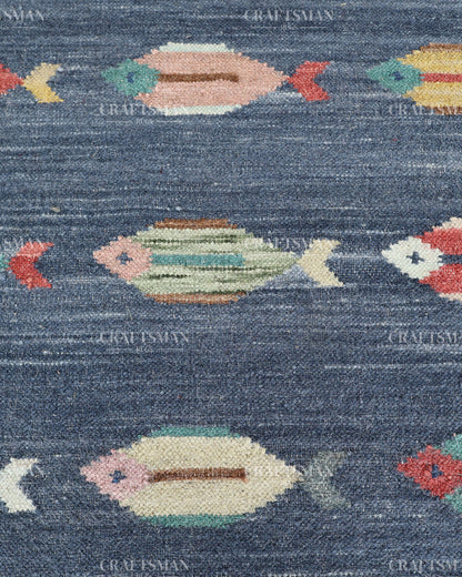 Handmade Fish Dhurrie Rug 4x6 Ft | Navy Blue Flatweave Cotton Rug | Coastal Ocean Area Rug | Handwoven Boho Accent Rug