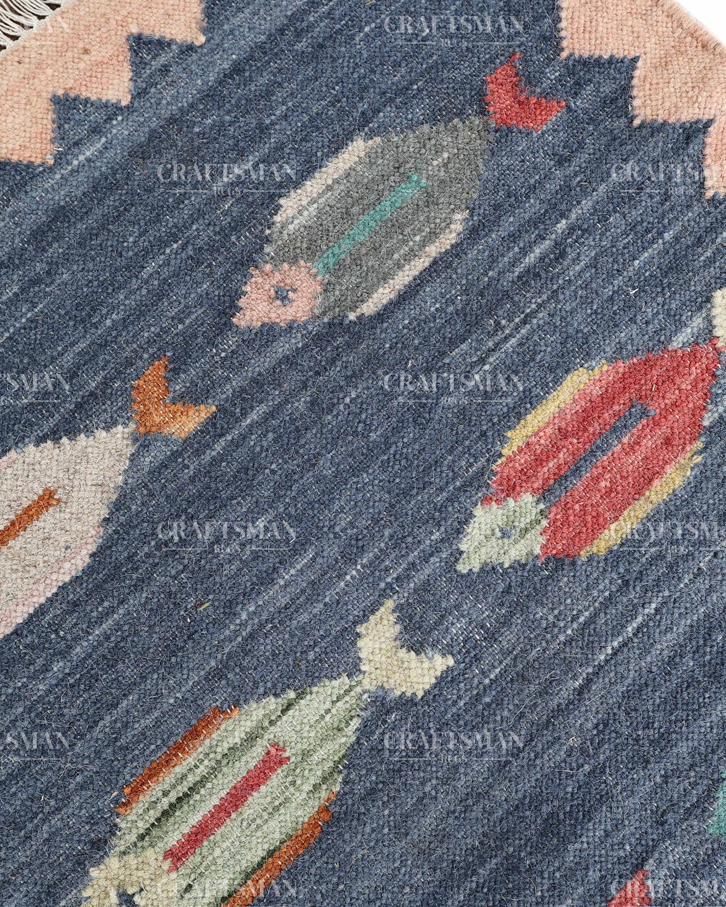 Handwoven Blue Flatweave Dhurrie Area Rug | Handmade Wool Kilim Rug with Colorful Fish Motif | Coastal Farmhouse Boho Living Room Bedroom Entryway Carpet