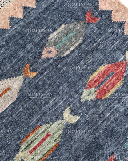 Handwoven Blue Flatweave Dhurrie Area Rug | Handmade Wool Kilim Rug with Colorful Fish Motif | Coastal Farmhouse Boho Living Room Bedroom Entryway Carpet