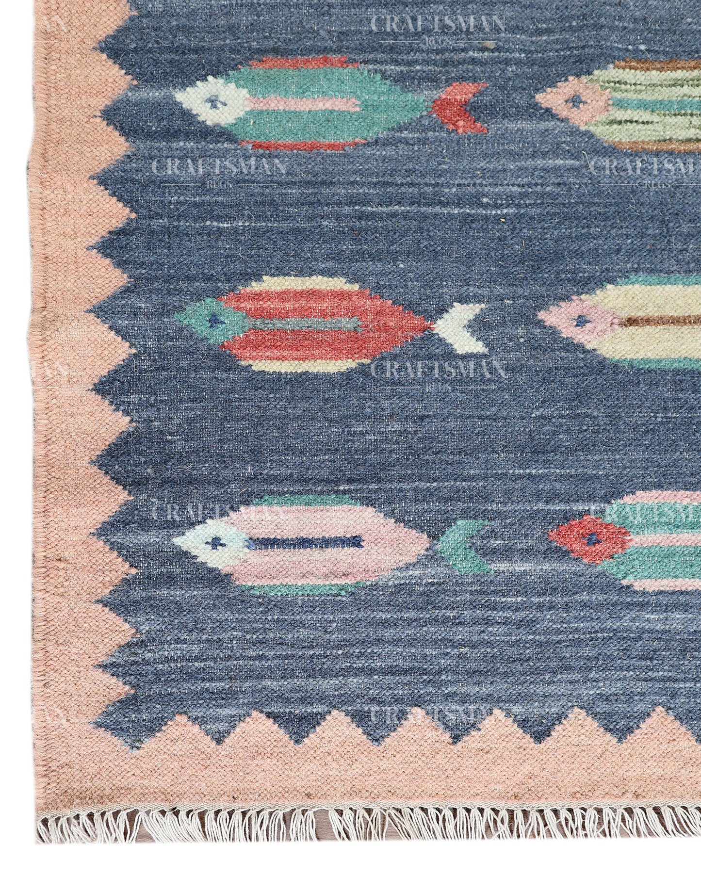 Handwoven Blue Flatweave Dhurrie Area Rug | Handmade Wool Kilim Rug with Colorful Fish Motif | Coastal Farmhouse Boho Living Room Bedroom Entryway Carpet