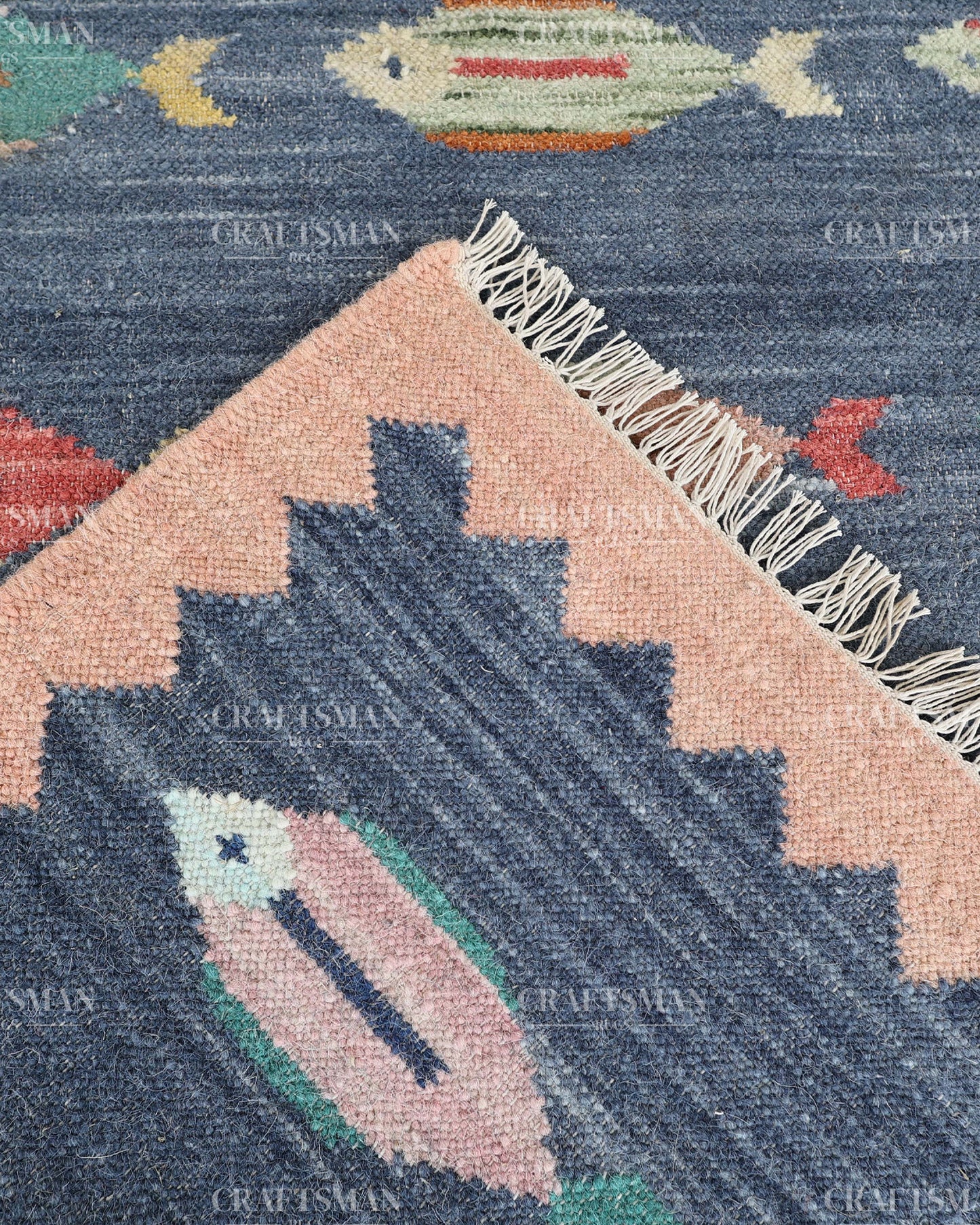 Handmade Fish Dhurrie Rug 4x6 Ft | Navy Blue Flatweave Cotton Rug | Coastal Ocean Area Rug | Handwoven Boho Accent Rug