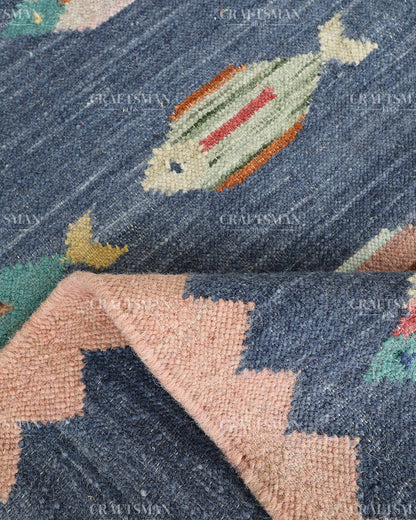 Handmade Fish Dhurrie Rug 4x6 Ft | Navy Blue Flatweave Cotton Rug | Coastal Ocean Area Rug | Handwoven Boho Accent Rug