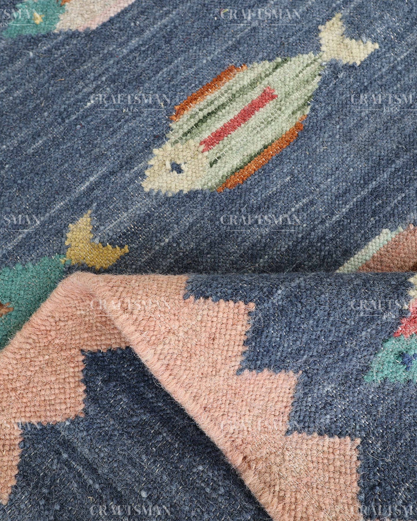 Handwoven Blue Flatweave Dhurrie Area Rug | Handmade Wool Kilim Rug with Colorful Fish Motif | Coastal Farmhouse Boho Living Room Bedroom Entryway Carpet