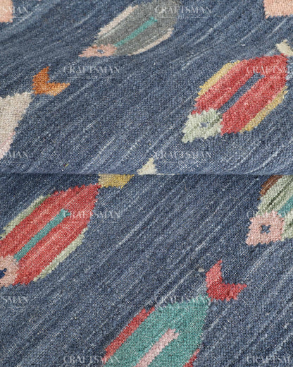 Handmade Fish Dhurrie Rug 4x6 Ft | Navy Blue Flatweave Cotton Rug | Coastal Ocean Area Rug | Handwoven Boho Accent Rug