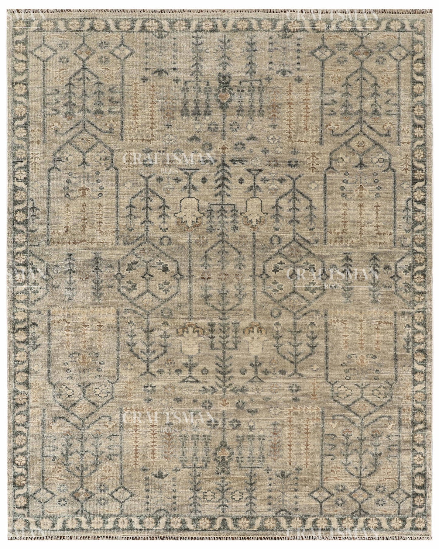 Hand Knotted Vintage Oushak Style Rug – Ivory Beige Distressed Floral Traditional Area Rug