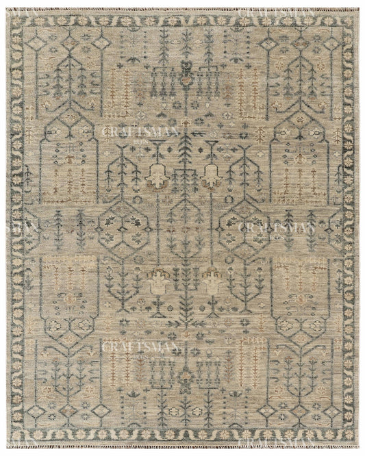 Hand Knotted Vintage Oushak Style Rug – Ivory Beige Distressed Floral Traditional Area Rug