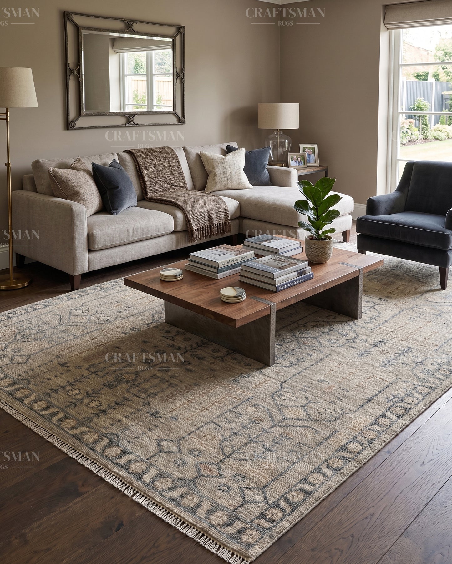 Hand Knotted Vintage Oushak Style Rug – Ivory Beige Distressed Floral Traditional Area Rug