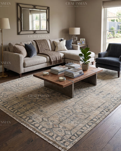 Hand Knotted Vintage Oushak Style Rug – Ivory Beige Distressed Floral Traditional Area Rug