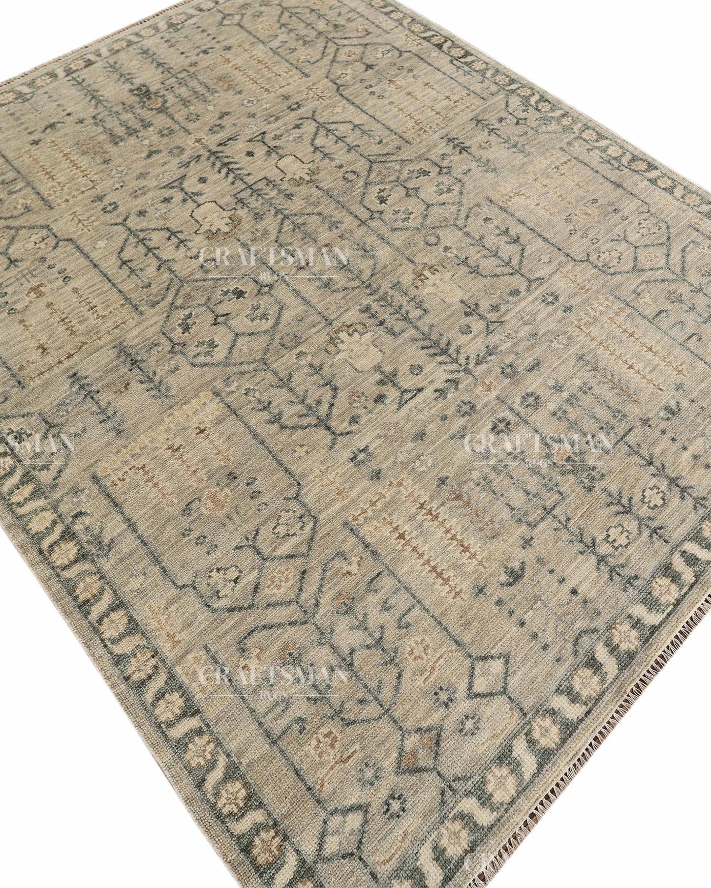 Hand Knotted Vintage Oushak Style Rug – Ivory Beige Distressed Floral Traditional Area Rug