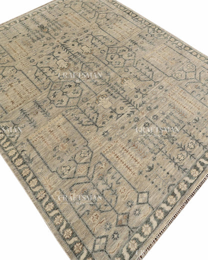 Hand Knotted Vintage Oushak Style Rug – Ivory Beige Distressed Floral Traditional Area Rug