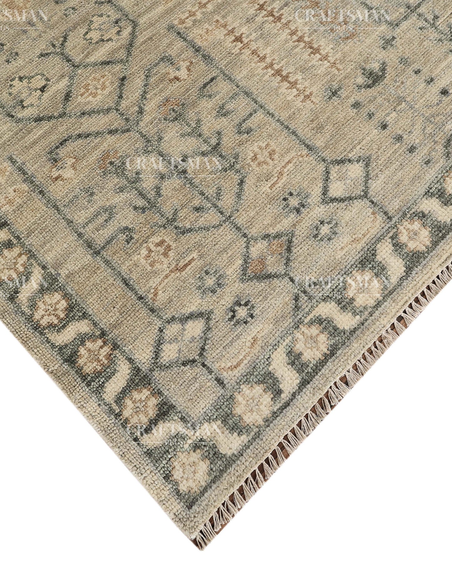 Hand Knotted Vintage Oushak Style Rug – Ivory Beige Distressed Floral Traditional Area Rug