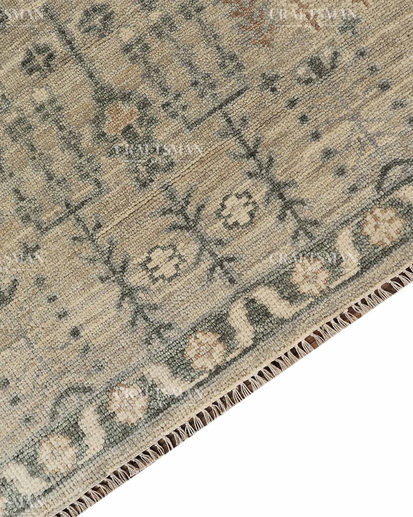 Hand Knotted Vintage Oushak Style Rug – Ivory Beige Distressed Floral Traditional Area Rug