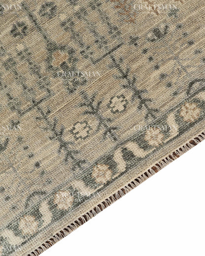 Hand Knotted Vintage Oushak Style Rug – Ivory Beige Distressed Floral Traditional Area Rug