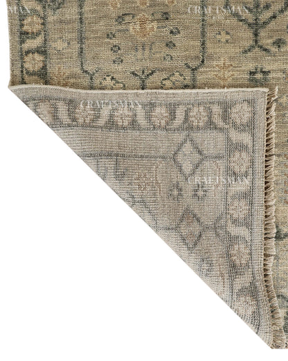 Hand Knotted Vintage Oushak Style Rug – Ivory Beige Distressed Floral Traditional Area Rug